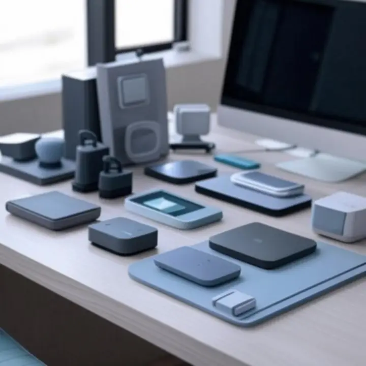 A curated display of modern home electronics accessories on a sleek surface.