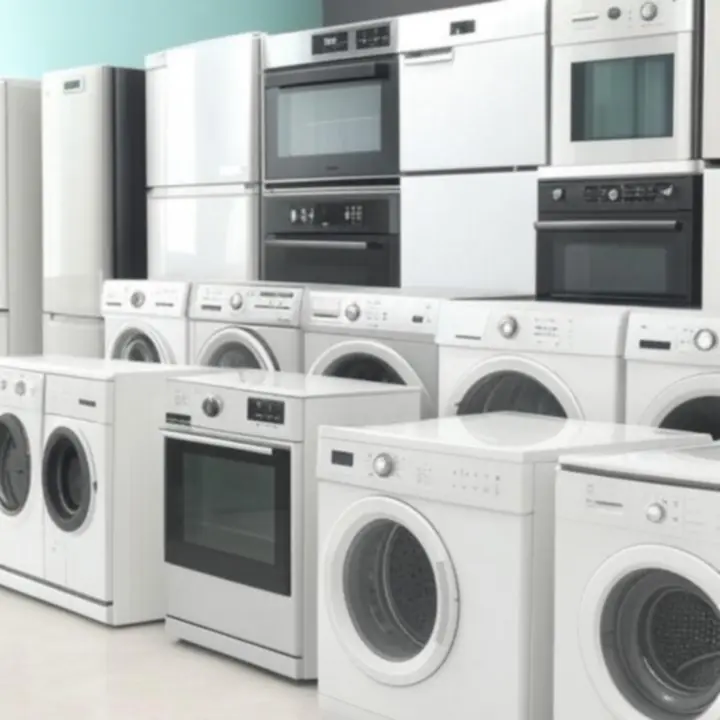 Curated display of refrigerators, ovens, dishwashers, and washing machines in a modern showroom.