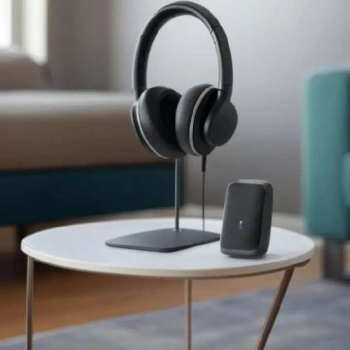 A modern living space featuring audio accessories and wireless speakers.