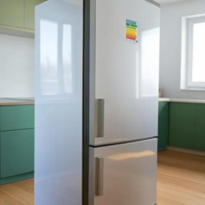 Energy-efficient smart refrigerator with digital display and eco indicator.