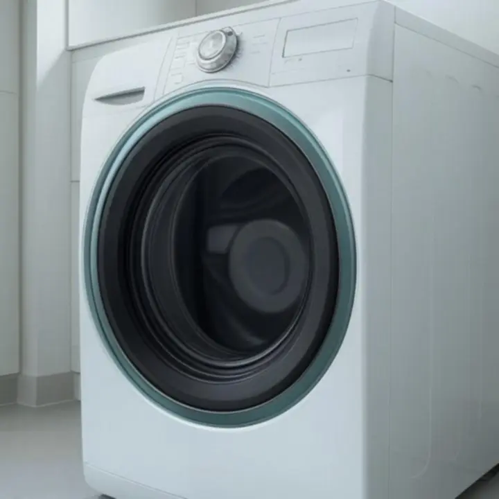Front-load washing machine in a minimal, modern laundry.