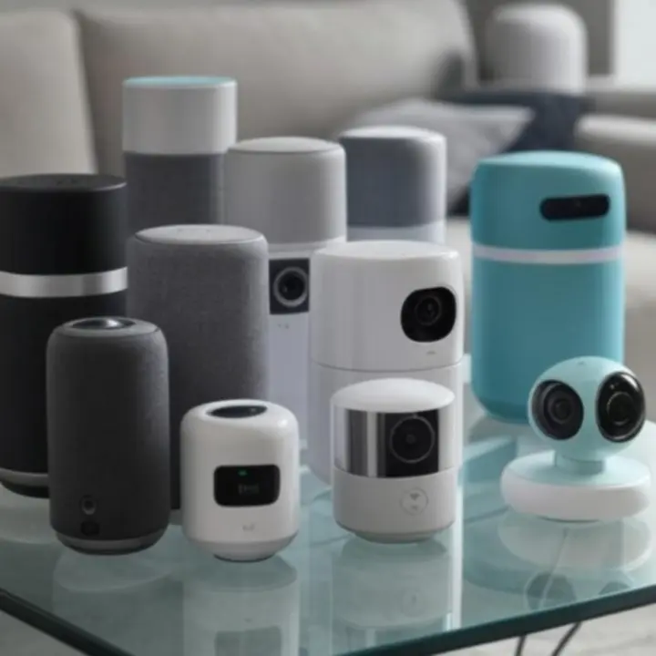 Collection of smart home devices arranged on a bench