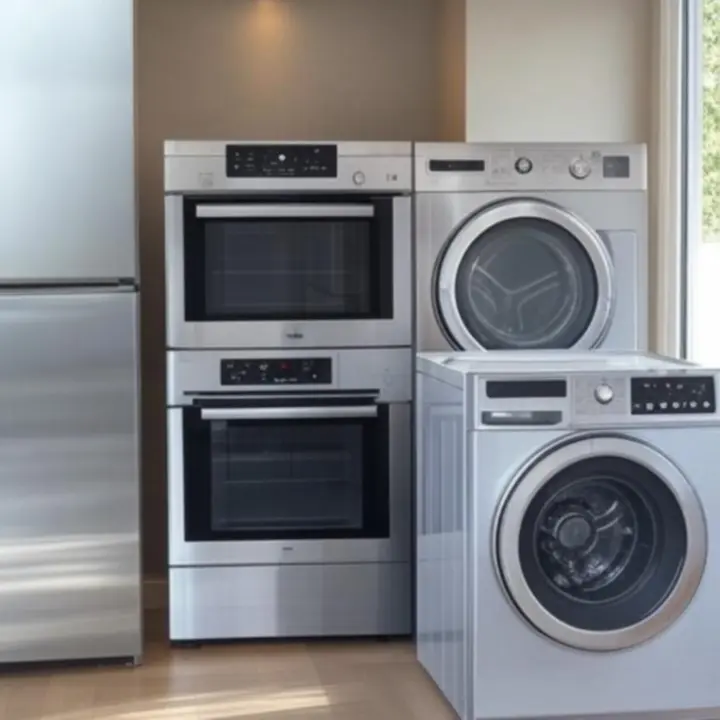 Modern stainless-steel kitchen and laundry appliances arranged in a contemporary home setting.