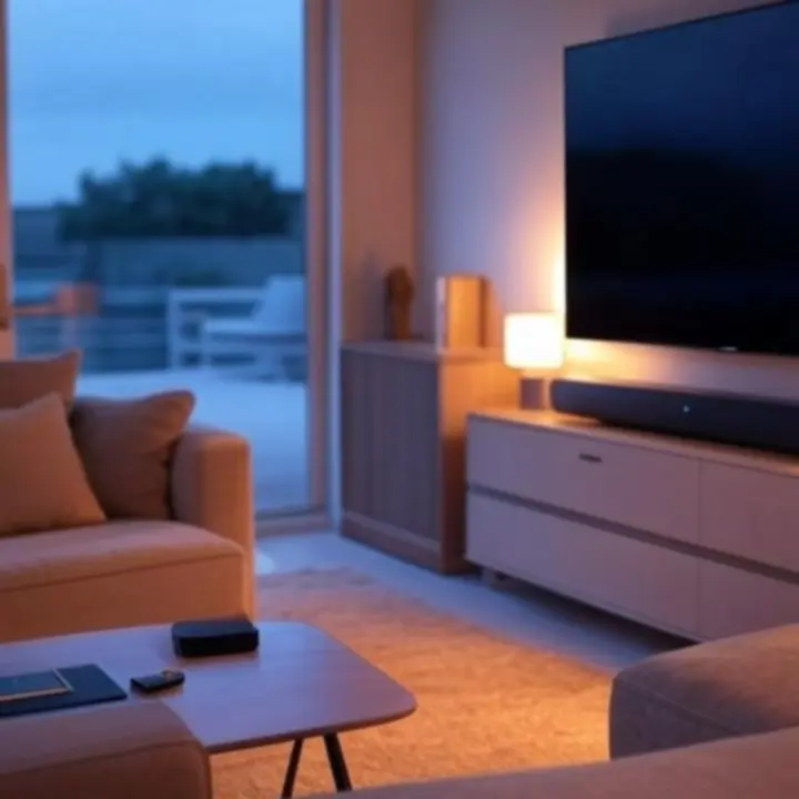 Modern Australian open-plan living space fully equipped with smart lighting and audio.