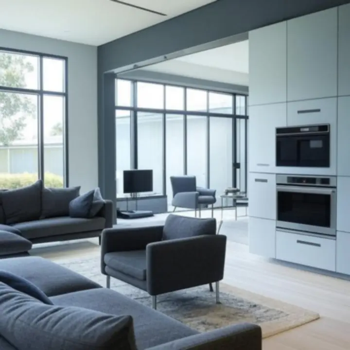 Modern Australian smart home interior with connected lighting, appliances, and entertainment system