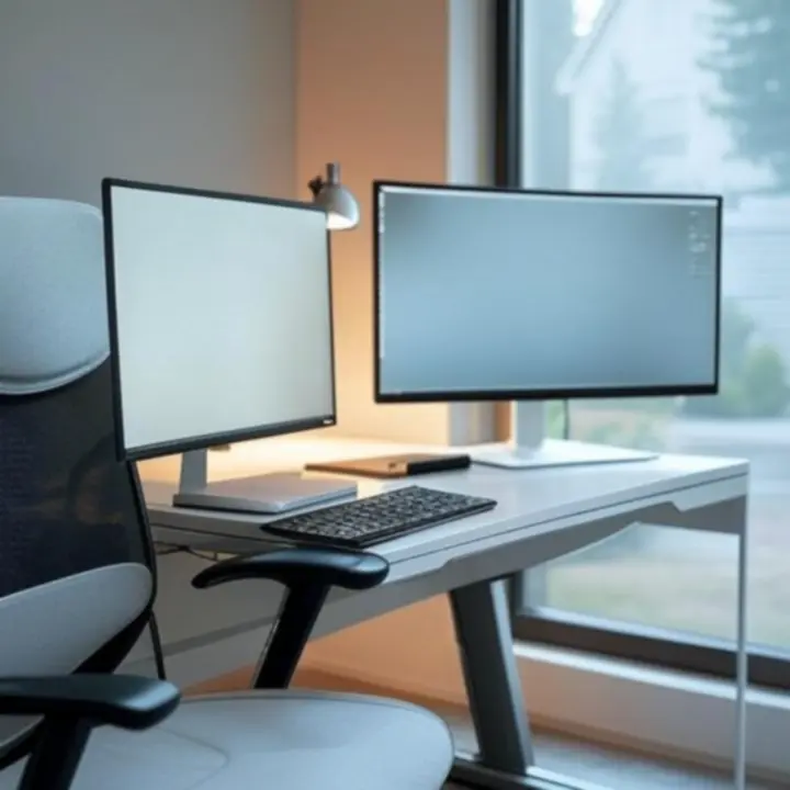 Modern smart home office with dual monitors, ergonomic chair, and ambient lighting