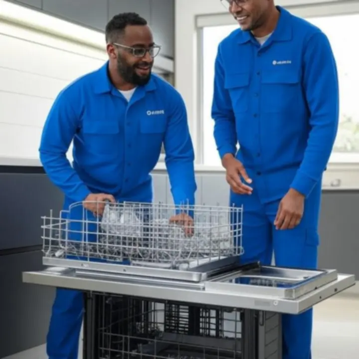 Professional technicians installing a built-in kitchen appliance.