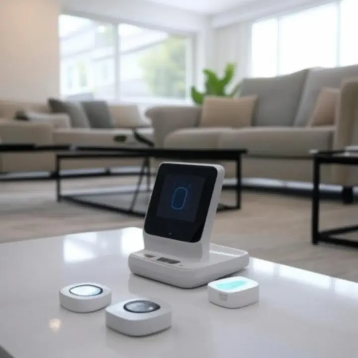 Smart home accessories arranged in a modern living room setting.