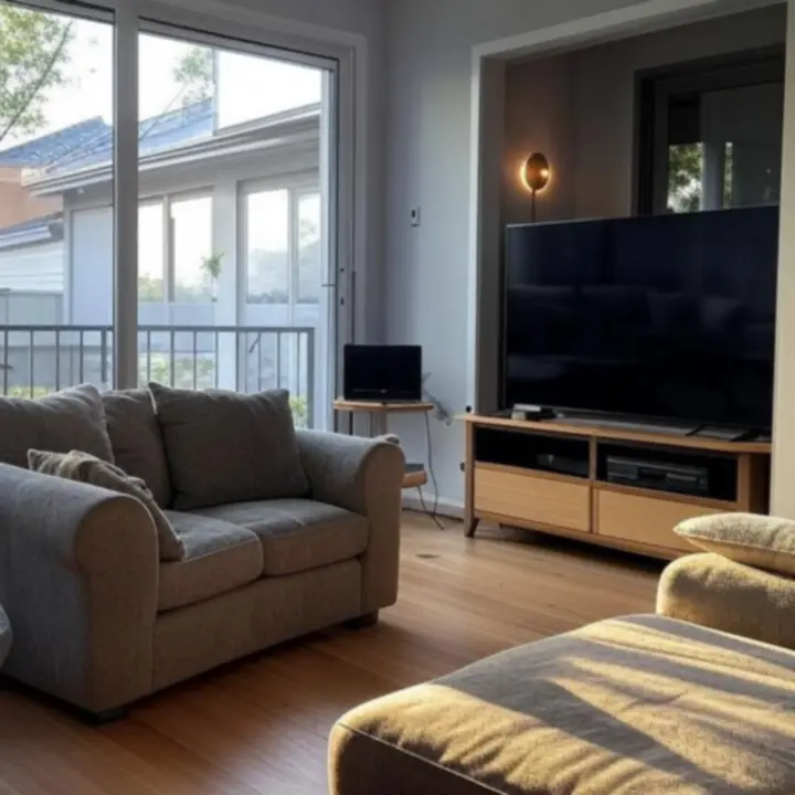 Smart living room with ambient lighting, wall-mounted TV, and discreet speakers